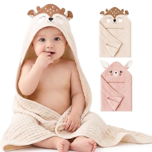 Image of Konssy 2-Pack Muslin Baby Hooded Towels, 100% Cotton, Soft and Absorbent Baby Bath Towels for Newborn, Infant & Toddler with Animal Hooded Design(Bunny & Deer)