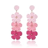 RUOFFETA Raffia Flower Earrings, Raffia Straw Wrapped Flower Drop Dangle Earrings Summer Tropical Beach Jewelry(Pink Ombre)