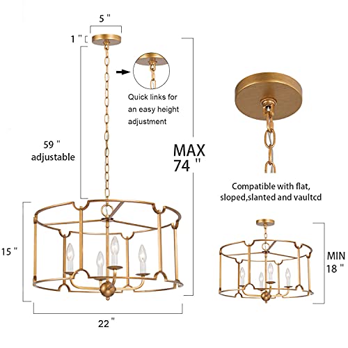 Laluz Gold Chandelier, Modern Drum Chandelier, Dining Room Lighting Fixtures Hanging With Antique Gold Finish For Kitchen & Living Room, 22’’W X 15’’H #TOP5