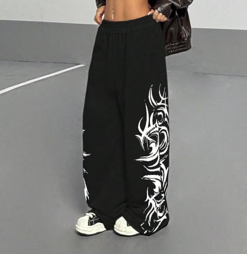 ZAFUL Womens Wide Leg Sweatpants Y2K Gothic Graffiti High Waisted Lounge Pants Athletic Joggers Pants with Pockets2