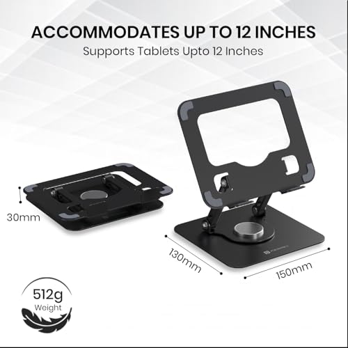 Image of Portronics My Buddy A1, Metal Tablet Stand, 360 Rotating Base, Height & Angle Adjustable, Supports Up to 12 Inch Tablets & 5Kg Load, Foldable & Portable, Anti-Slip Pads (Grey)