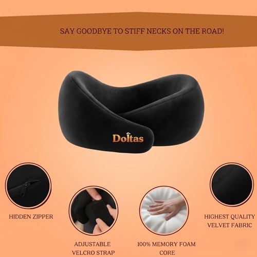 Image of DOLTAS Travel Neck Pillow - 100% Memory Foam Neck Support Pillow for Flight Travel, Adjustable Velcro Straps, Includes Eye Mask & Noise Isolating Ear Plugs with Free Travel Pouch | Velvet Black
