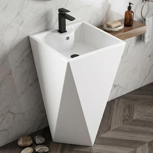 Image of B Backline Ceramic One Piece Pedestal Wash Basin Free Standing Diamond Cut Basin For Livingroom & Bathroom 48 X 48 X 83 CM - 10 Years Glaze Warranty (White Glossy)