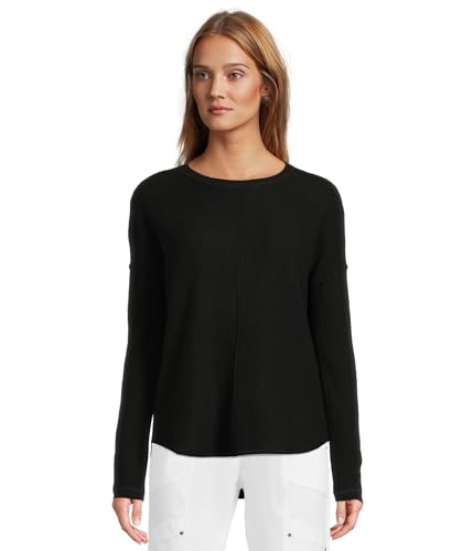 Elliott Lauren Women's Cotton Cashmere-Round Neck Waffle Stitch Drop Shoulder Long Sleeve Sweater