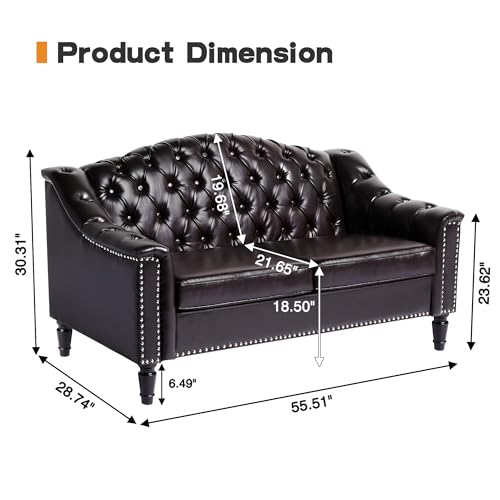 Image of Chesterfield Loveseat, 55 inch Faux Leather Love Seat Sofa, Comy Small Sofa Counch with Camelback for Small Spaces, Mid Century Modern 2 Deep Seats Couch for Apartment Living Room (PU-Loveseat, Brown)