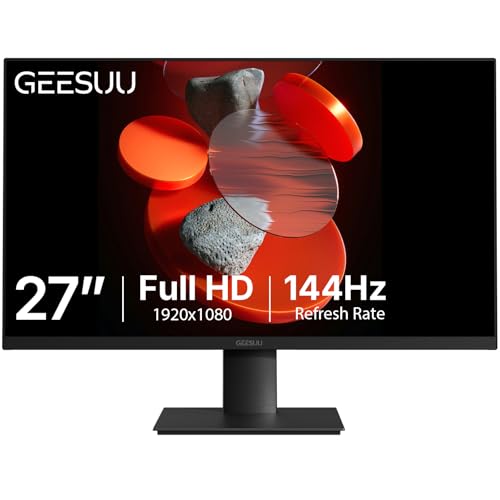GEESUU Monitor PC 27 Pulgadas, Computer Gaming Pantalla Ordenador 144Hz, Full HD, VESA 75x75mm, VA, 99% sRGB, Baja Luz Azul, HDMI 2.0, DP 1.2