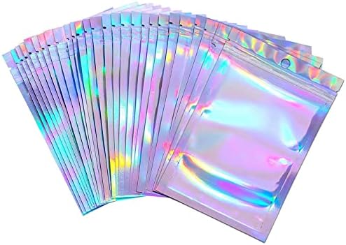Holographic bags,holographic ziplock bags,100 Pieces Foil Ziplock Bags,Resealable Smell Proof Bags Flat Foil Pouch Metallic Bags,for Party Favor Food Jewellery Storage(6x10cm)