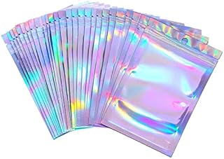 Holographic bags,holographic ziplock bags,100 Pieces Foil Ziplock Bags,Resealable Smell Proof Bags Flat Foil Pouch Metallic Bags,for Party Favor Food Jewellery Storage(6x10cm)