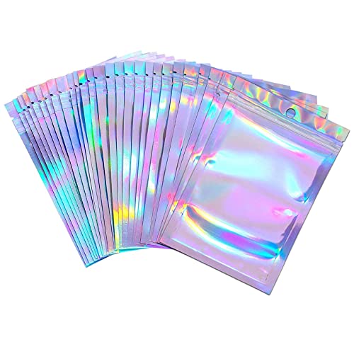 Holographic bags,holographic ziplock bags,100 Pieces Foil Ziplock Bags,Resealable Smell Proof Bags Flat Foil Pouch Metallic Bags,for Party Favor Food Jewellery Storage(10x15cm)