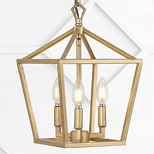Image of JONATHAN Y Ojai Pagoda Pendant Lantern 10 inch, Brass Gold | 3-Light, Metal Frame Construction, LED Bulbs Included, Adjustable Chain, Classic Farmhouse Chandelier, Entry Foyer Decor