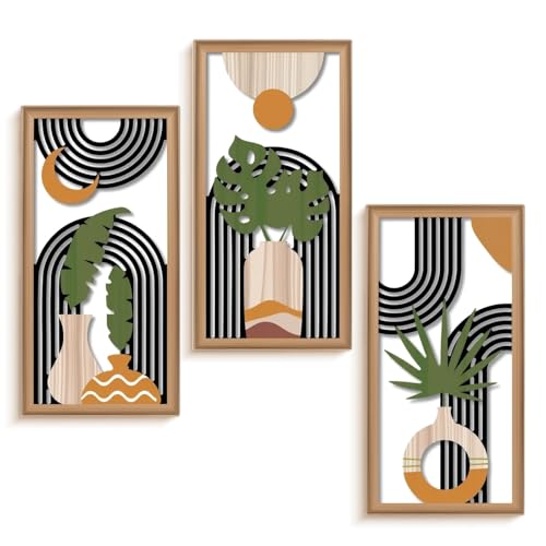Yallmie Boho Wall Art Set of 3, Geometric Wooden Wall Decor with Triangle Hook Hollow Geometric Vase Sculpture for Decoration, Minimalist Wall Decor for Living Room, Bedroom, Hallway