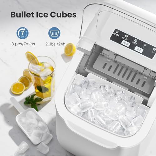 Image of Crzoe Ice Makers Countertop with Handle, 2 Sizes of Ice, 8 Bullet Ice Cubes in 6 Mins, 26Lbs /24H, Portable Ice Maker with Self-Cleaning, Ice Machine for Home&Kitchen&Office&Party