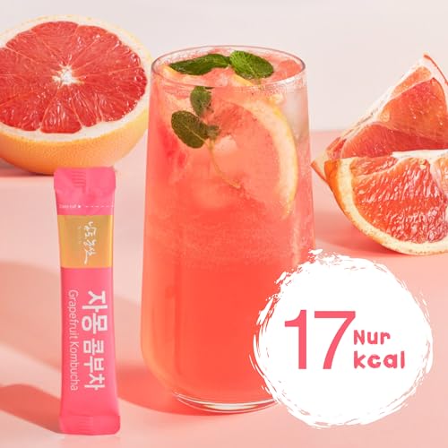 Grapefruit Kombucha Pulver Drink – 150g (30 Sticks) | Kalorienarmes, Zuckerfreies Diätgetränk | Mit Hibiskus, Probiotika & Vitamin C | Erfrischend, Spritzig & Vegan