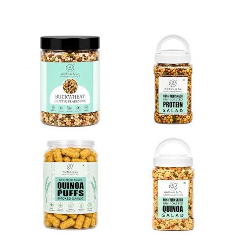 Image of WellNuts & Co. Healthy Snack Combo Pack of 4 |Buckwheat Flakes Mix - 200g, Protein Salad - 425g, Quinoa Puffs Smoked Garlic - 200g, Quinoa Salad - 325g| Roasted & Ready to Eat Snacks | High Protein & High Fiber Combo | Snacks for Healthy Everyday