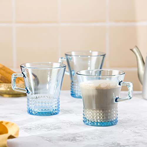 Image of Pasabahce Kuvars Mug from House of Pasabahce The Original Pasabahce from Turkey, Blue Transparent Kuvars Mugs, 250 ml in Set of 6 Pcs, Perfect fit for Tea /Coffee.