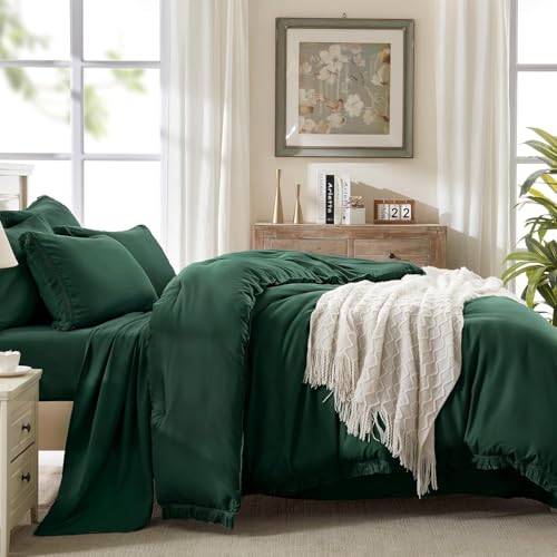 Image of Andency Oversized King Comforter Set Dark Emerald Green 120x98-7 Piece Boho Tassel Bed in a Bag Soft Lightweight Bedding Set, Fringe All Season Bed Set with Comforter, Sheets, Pillowcases & Shams