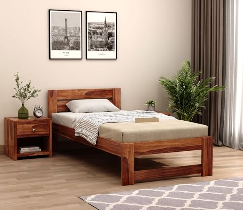 Image of CRAFT D ARTS Sheesham Wood Single Size Bed Without Storage | Wooden Single Bed | Space Saving Low Floor /Lying /Rise /Level /Profile Cot Bed for Bedroom | Denzel, Honey Finish