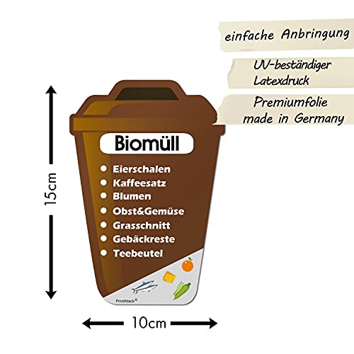 P038 PrintAttack Mülltrennung Aufkleber Set Deutsch oder Englisch für Mülltonne, Vinyl, verschiedene Größen Kratz, Wetter & UV-Schutz für innen und außen Plastik Glas Papier Restmüll Bio (V1_6er Set)