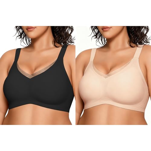 Image of Vinfact 2 Pack Womens V Lace Wireless Seamless Bras No Underwire Comfort Push Up Bras Supportive Full Coverage Bralettes T Shirt Bra, Black&Nude, M