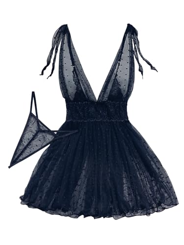 Image of Lilosy Sexy Polka Dots Mesh Sheer Lace Babydoll Chemise Lingerie Set Floral Sleep Wear