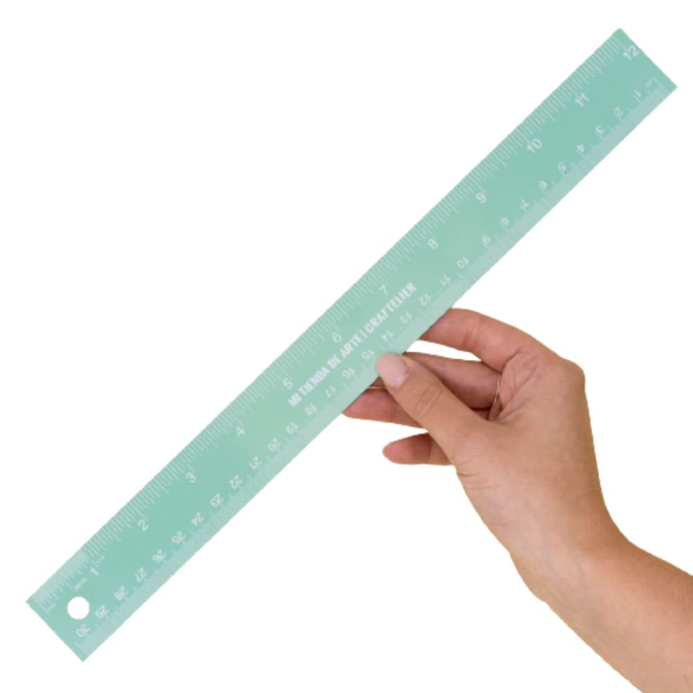 Craftelier - Metal ruler 30 cm (12 inches) | turquoise with numbers in white | cork base and stainless steel - dimensions in centimetres and inches