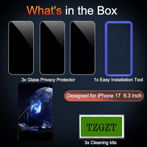 TZGZT Privacy Screen Protector for iPhone 17, Tempered Glass, Case Friendly | 3 Pack, 9H+ Military Grade Shatterproof, Anti-Scratch, HD, Easy Installation, Bubble Free, Dynamic Island Compatible - image 2