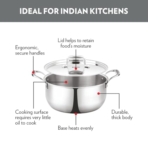 Image of Borosil Cookfresh Tri-ply Casserole 18cm (2.1 L) Steel Handle | SS304 Food Grade Steel, Dishwasher Safe | Compatible for Gas, Induction, Hot Plate, Halogen | 5 Years Warranty