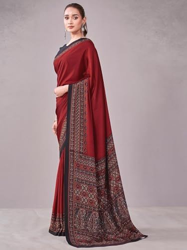 Image of Satrani Women's Crepe Printed Saree with Unstitched Blouse Piece