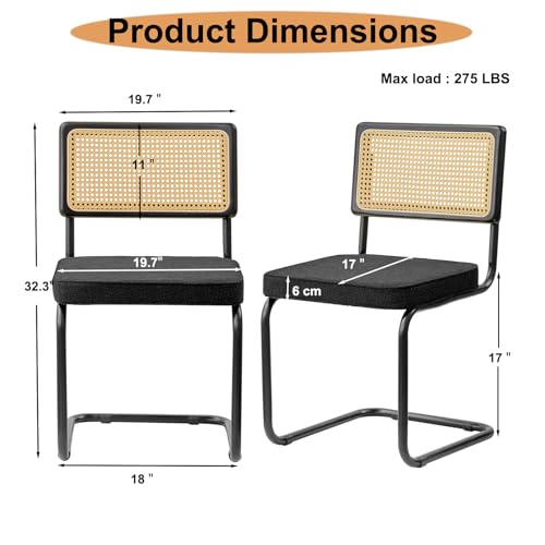 Rattan Dining Chairs Set of 4,Mid Century Kitchen Chairs with Rattan Cane Backrest,Upholstered Velvet Chairs with Chrome Metal Legs for Living Room,Dining Room,Black
