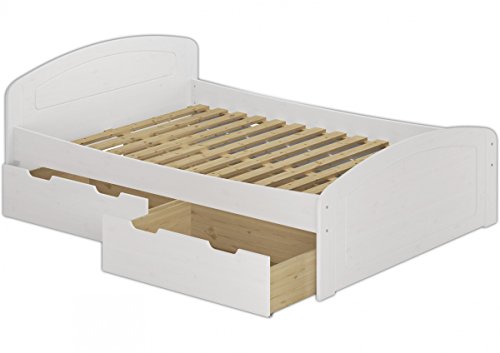 Erst-Holz®Funktionsbett 140x200 Doppelbett 3 Staukästen Rollrost Seniorenbett Massivholz Weiß 60.50-14 W
