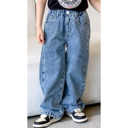 Baggy Jeans for Girls Rhinestone Preppy Wide Leg Pants Adjustable Waist Pockets Cute Jeans for Girls Kids Coquette Age 11-122