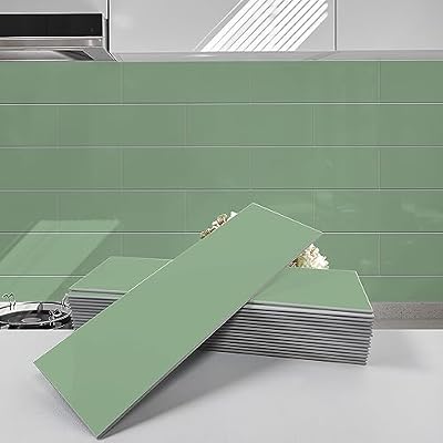 Avant Decor | Sample Tile | Stone Composite Subway Solid Color Tiles | Peel and Stick Kitchen Backsplash Tiles | Wall Tiles | 4” x 12” | Bex Metro Glossy Fern
