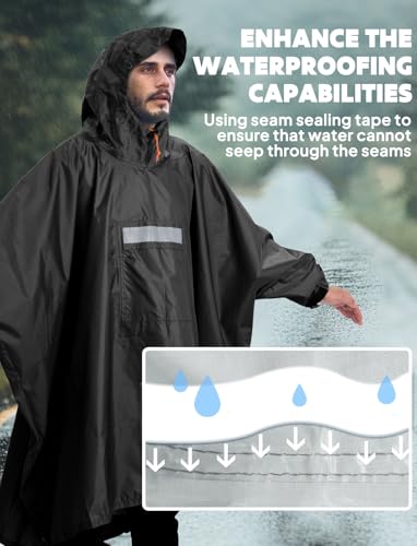 ANYOO Wasserdichter Regenponcho Winddichter Regenmantel mit Seitlichem Reißverschluss, Leichter Regenjacke mit Verstellbaren Ärmeln für Outdoor Wandern Radfahren, Einheitsgröße, Schwarz