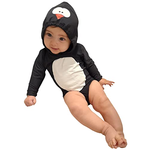 Body bebê com proteção solar UV 50 capuz bichinhos, praia, piscina, lazer (G, Preto Pinguim)