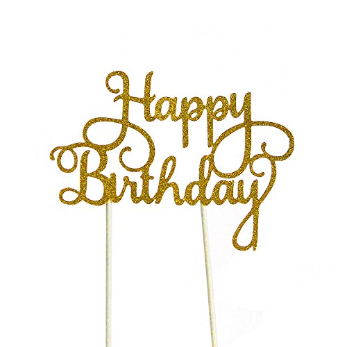 PALASASA Happy Birthday Cake Toppers. Sparkling Gold Glittery Birthday Cupcake Picks. Birthday Party Decorations