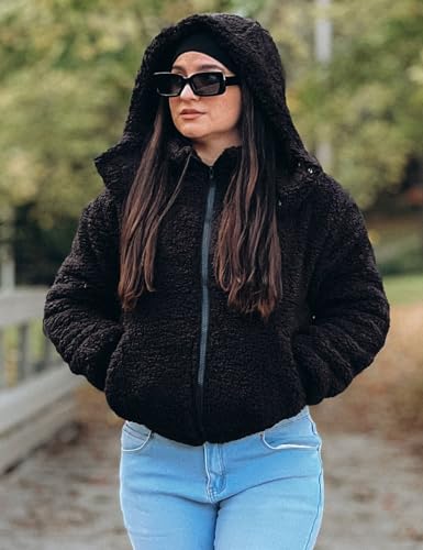 Micoson Womens Faux Fur Coat Winter Full Zip Sherpa Fleece Jacket Long Sleeve Warm Fuzzy Outerwear with Hooded2