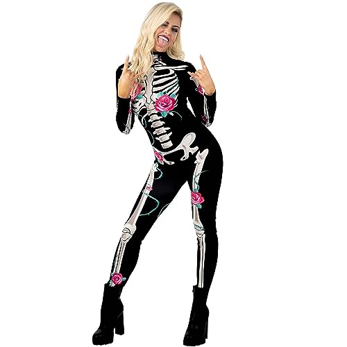 Morph Skelett Kostüm Damen, Skelett Bodysuit, Halloween Kostüm Damen, Karneval Kostum Frauen, Fasching, M