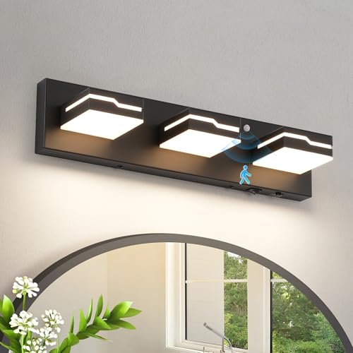 Image of 3-Light LED Bathroom Vanity Light, 19-Inch Matte Black | Vanity Light Fixture with Wireless Motion Sensor, 3CCT Dimmable Lighting Over Mirror, Adjustable Acrylic Heads