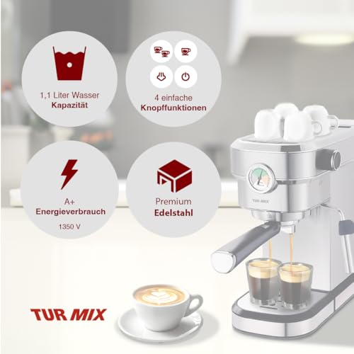 TURMIX Espressomaschine TX 590 - Siebträgermaschine Edelsthal, 20 Bar-Kaffeemaschine mit milchschäumer, 17 cm breit, 1350W 1,1L Wassertank, Beheizte Tassenabstellfläche – Bild 6