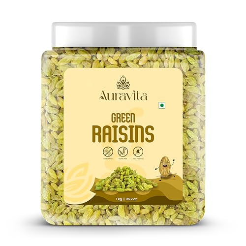 Image of Auravita Healthy Green Raisins 1kg | 100% Natural Dried Grapes (Kishmish) | Nutritious, Delicious & Healthy Snack | Source of Fibre in Nuts | No Preservatives in Dry Fruit