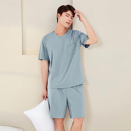 Qianxiu Mens 100% Cotton pajamas set Short Sleeve Pyjama V-Neck Nightwear Sets Lightweight Pj's Sleep Sets3