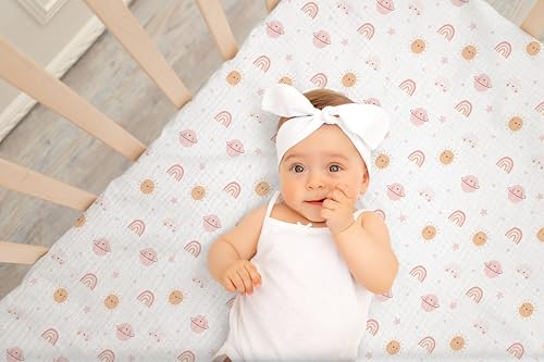 Image of TADO MUSLIN Baby Crib Sheets 2 PCS, 100% Organic Cotton Crib Sheet for Standard Crib Mattress(52 inchx 28 inch), Fitted and Soft Breathable Muslin Crib Mattress Sheet for Girl and Boy (Rainbow, Pink)