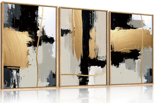 DRACIT Abstract Black Gold Framed Canvas Wall Art Set,Modern Minimalist Black White Wall Decor,Neutral Color Block Line Art Print for Living Room,Bedroom,Dining Room,Office-16 x24 x3