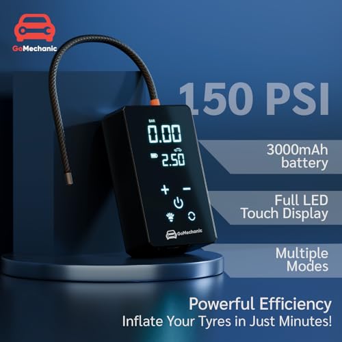 Image of GoMechanic Wireless Tyre Inflator for Car & Bike |150 PSI |3000 mAh Battery | Air Pump with Full LCD Touch Screen, Multiple Presets| PowerBank|Flash Light |Type C, Digital Display, Multiple Nozzles