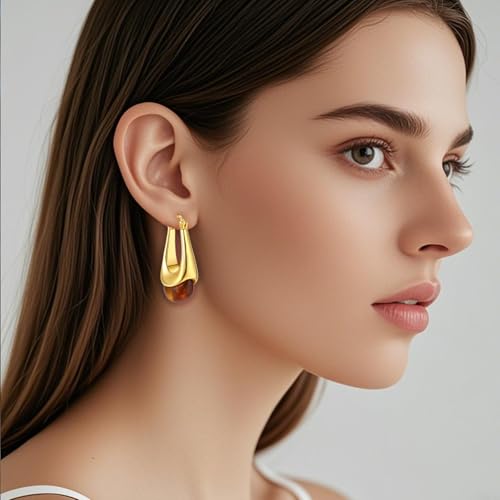 Vintage Gold Hoops Earrings for Women,Brown White Blue Pink Chunky Dangle Drop Jewelry with Resin Gemstones, Trendy Statement Earrings for Beach,Party, Vintage Gift for Travel Maximalist Jewelry2