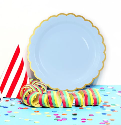 Image of HEIPINIUYE 50 Pieces Light Blue Paper Plates with Gold Foil 9 Inch Disposable Baby Blue Scalloped Dinner Plates for Wedding Baby Shower Birthday Party Dessert Plate