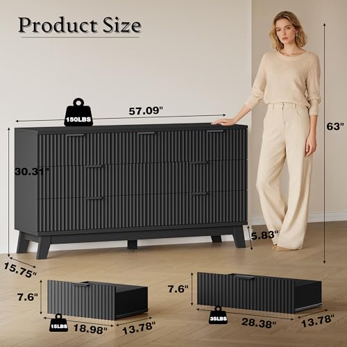 Image of BORNOON 57 inch Long Dresser for Bedroom, 7-Drawer Fluted Chest, Wide Wood Storage Dresser with Metal Slides and Handles, Stable Base, Modern Clothes Organizer for Primary Suite, Guest Room, Nursery