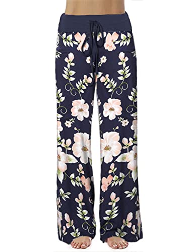 Image of iChunhua Women's Comfy Stretch Floral Print Drawstring Palazzo Wide Leg Lounge Pant