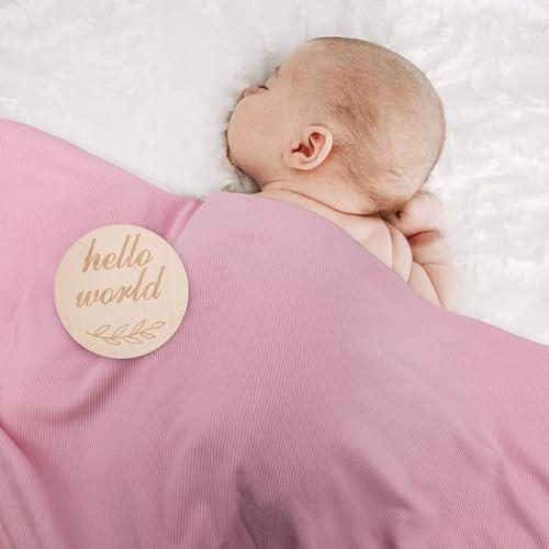 Image of DRESHOW BQUBO Baby Girl Newborn Receiving Blankets with Bow Hat Headband Wooden Birth Announcement Card Set Newborn Baby Swaddle Wrap Set Warm Shower Gift