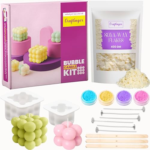 Image of Craftinger DIY Bubble Candle Making Kit with 400gm SOYA Wax | 2 Different Size Silicon Molds | 4 Pigment | Wicks & Sticks | Beginner Kit for Kids & Adults | Ideal for Birthday Gifts, Craft Lover